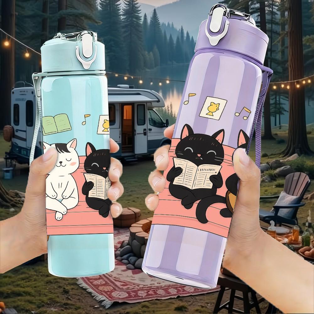 1PC Cats On Sofa Cozy Home Print 750ml Color Plastic Sports Water Bottle Leakproof Flip Straw Lid Suitable for Sports Office Home Use