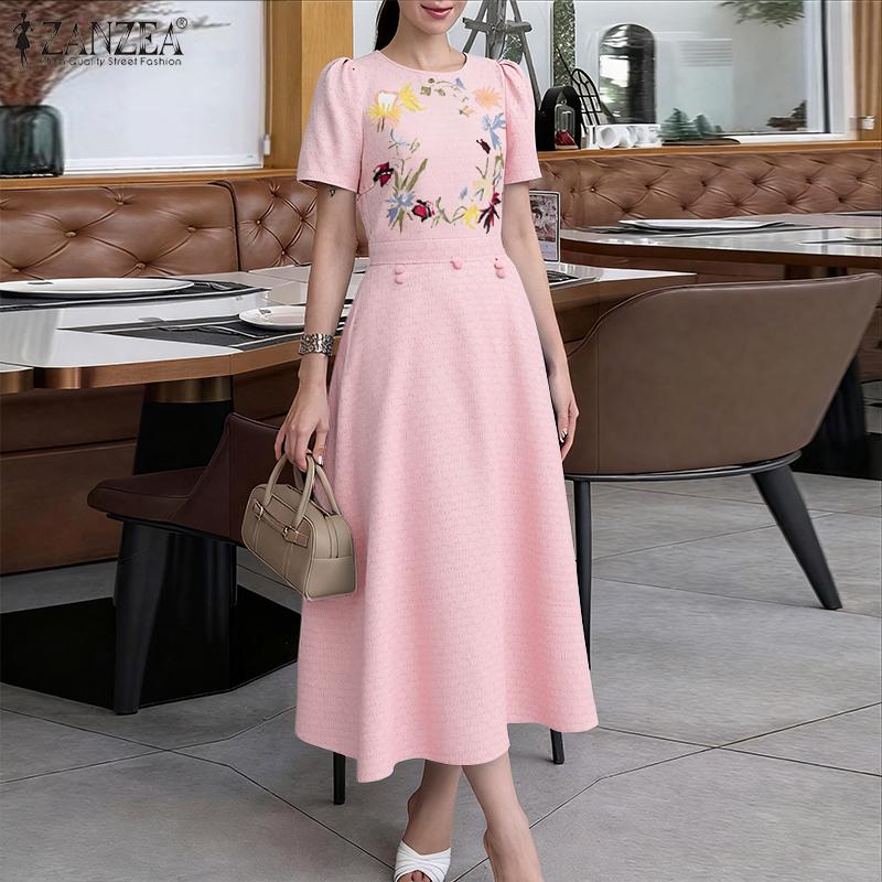 ZANZEA Dámské ležérní šaty s kulatým výstřihem, letní, s krátkým rukávem, s květinovým potiskem