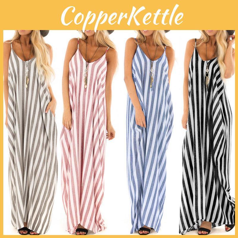 Comfortable And Oversized Women Summer Striped Long Maxi Dress For Casual Beach Days