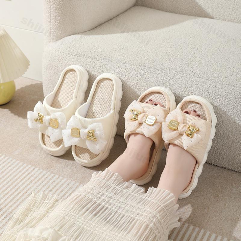 Fashion 2025 Summer Linen Women Slippers Home Slippers Comfortable Thick Sole Platform Ladies Fashion Bowknot Indoor Slipper Wholesale