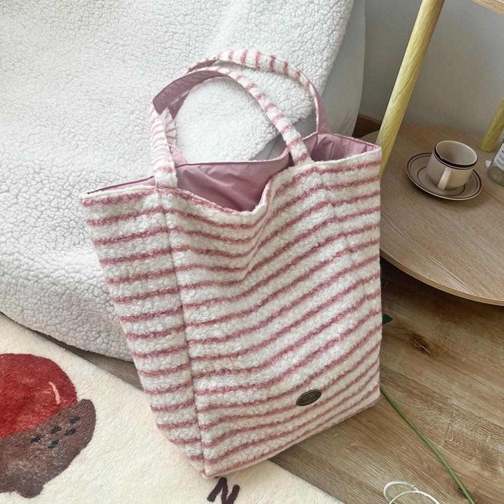 Stylish Double Sided Design Plaid Tote Bag Colorful Thicken Handbag Soft Large Capacity Woolen Tote Bag Daily Use