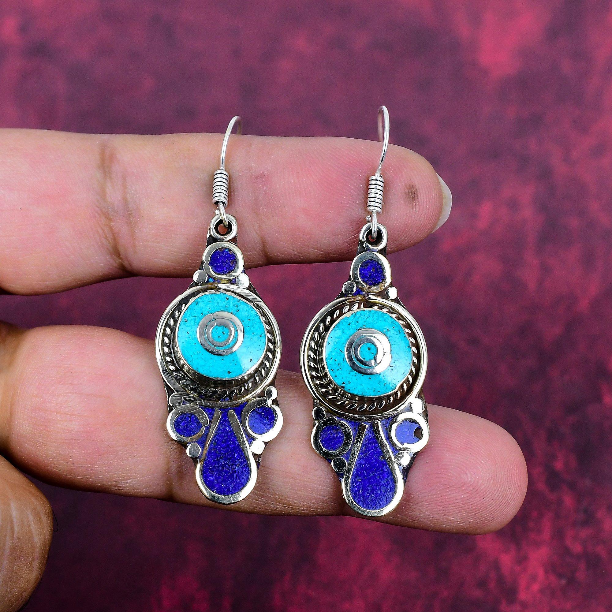 

Turquoise, Lapis Lazuli & Coral Earrings, 925 Solid Sterling Silver Gemstone Jewelry, Handmade Earrings, For Thanksgiving 2.16 Inches