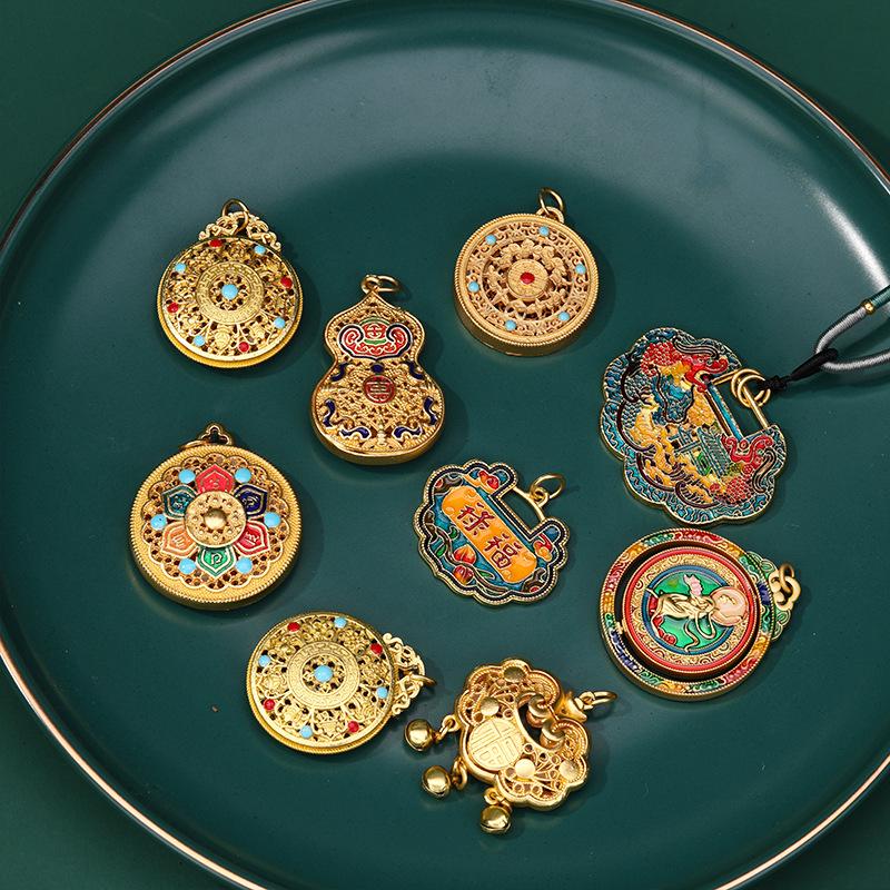 Ancient Gold Eight Treasures Compass Pendant Necklace - Five Blessings, DIY Beaded Style Accessory