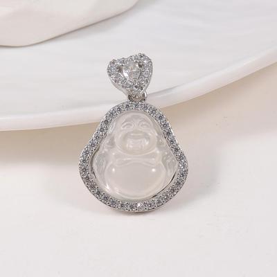 White Chalcedony Laughing Buddha Pendant with Diamond Clasp - Versatile Women's Clavicle Chain