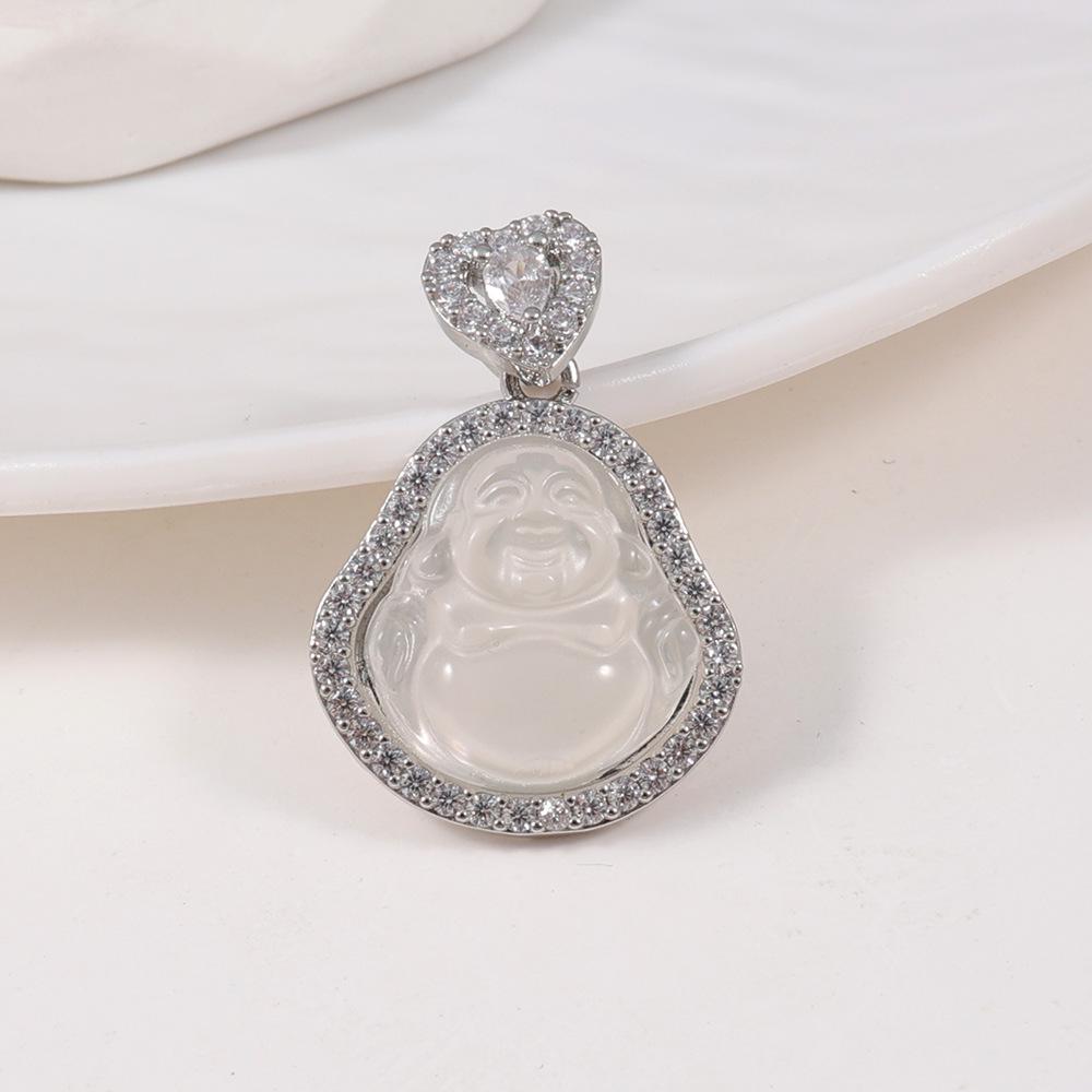 White Chalcedony Laughing Buddha Pendant with Diamond Clasp - Versatile Women's Clavicle Chain