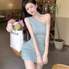 Spice Girl Style Design Sense Slant Shoulder Sleeveless Dress Women's Summer Korean Sexy Skinny Versatile Hip Wrap Skirt