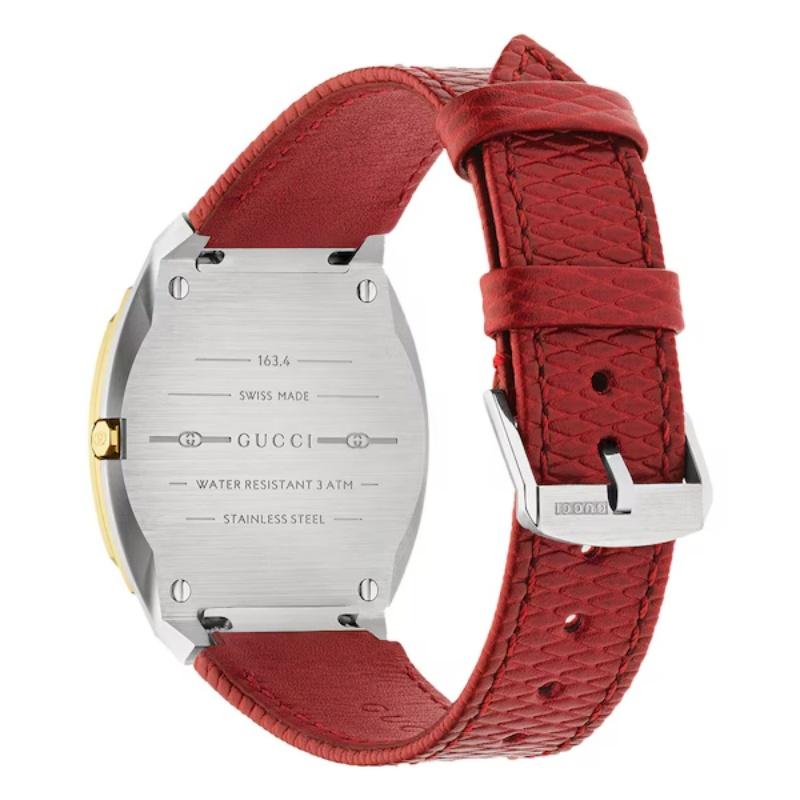 Gucci 25H Gold Dial Watch Red Leather Strap YA163415