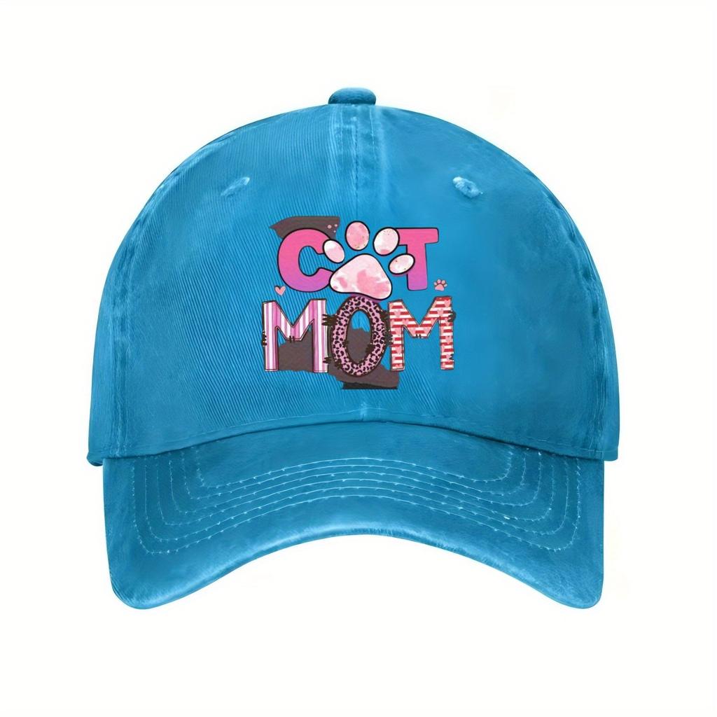 Cat Mom Baseball Cap Pink Paw Print Adjustable Polyester Casual Sun Protection Hat for Pet Lovers