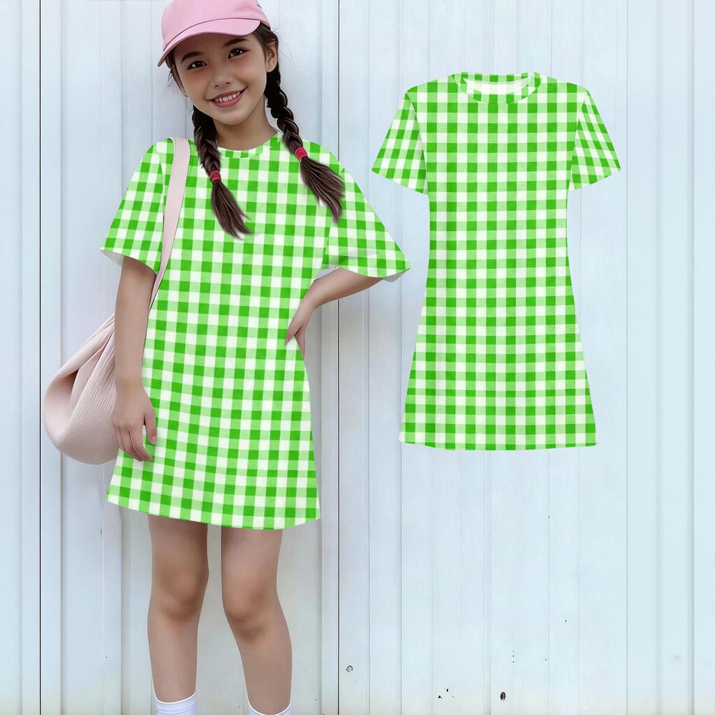Girls Plaid Pattern Dress Loose Fit Short Sleeve Round Neck Lightweight Casual Dress for Children Suitable for Daily Wear and Outdoor Activities