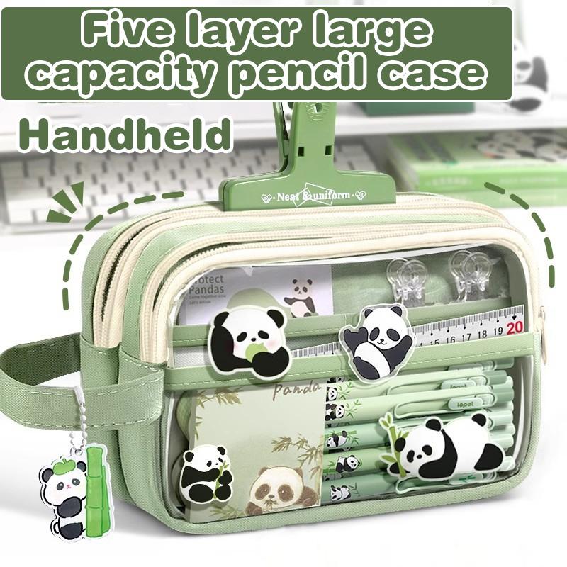 Handheld Double Layer Transparent Pencil Case Pen Bag Hitting Color Square Storage Pouch For Stationery School