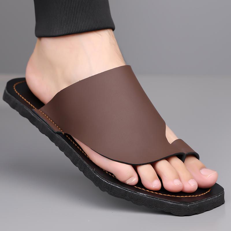 Herren Schwarze Leder Pantoffeln Einfache Flache Schuhe Sommer Weiße Flip-Flops Outdoor Römische Sandalen Braune Offene Zehen Strand Schuhe Übergröße