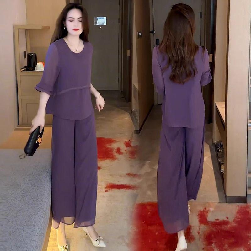 Summer Chic Women's Two-Piece Set: Loose Chiffon Top & Wide-Leg Pants