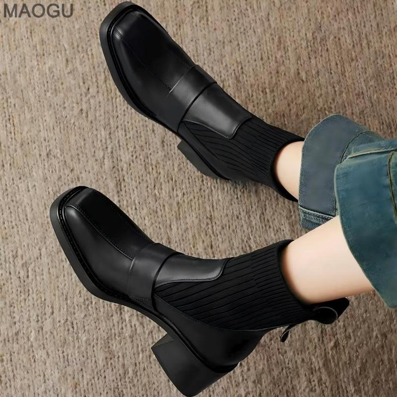 2026 Women's British Style Heeled Ankle Boots Brown Square Toe Stretch Sock Boots Chunky Mid Heel Retro Autumn Booties Size35-40