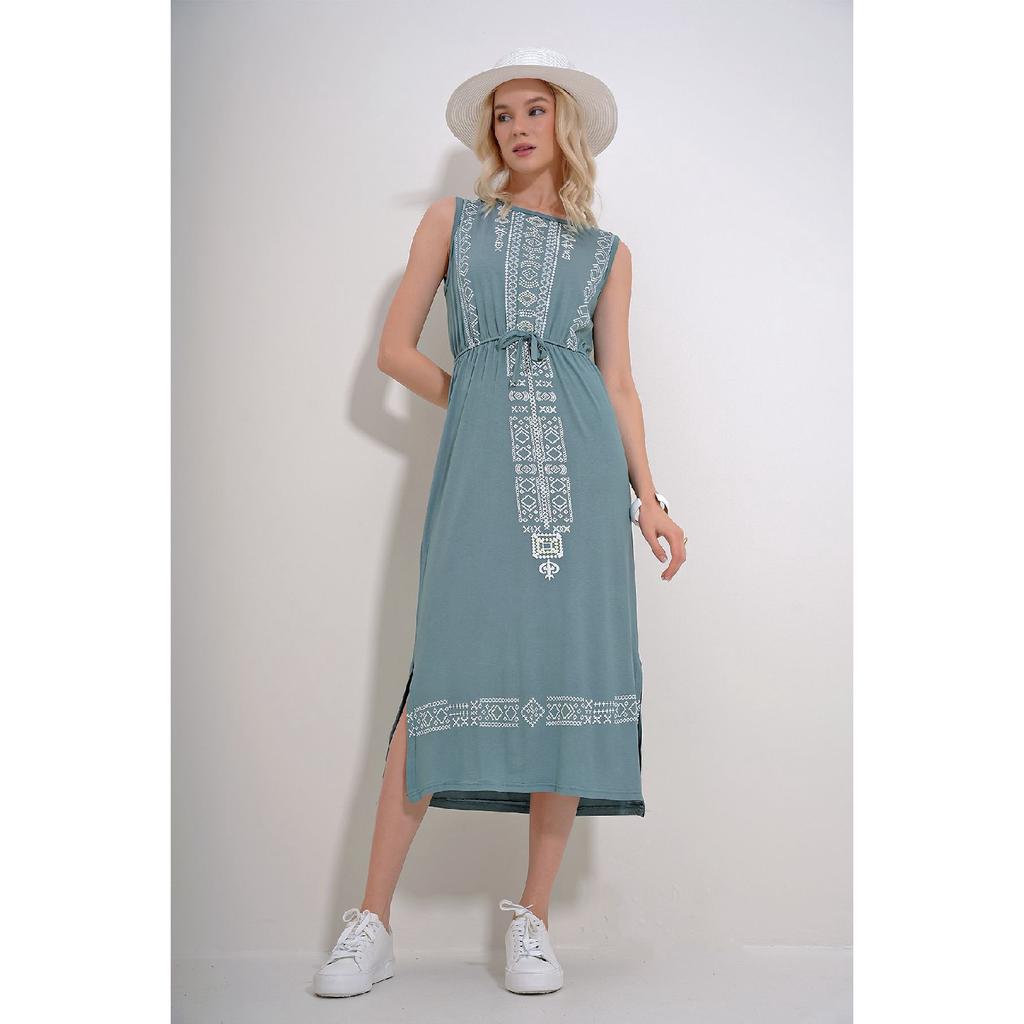 Rochie de damă neagră cu broderie imprimată boemă Alc-6564