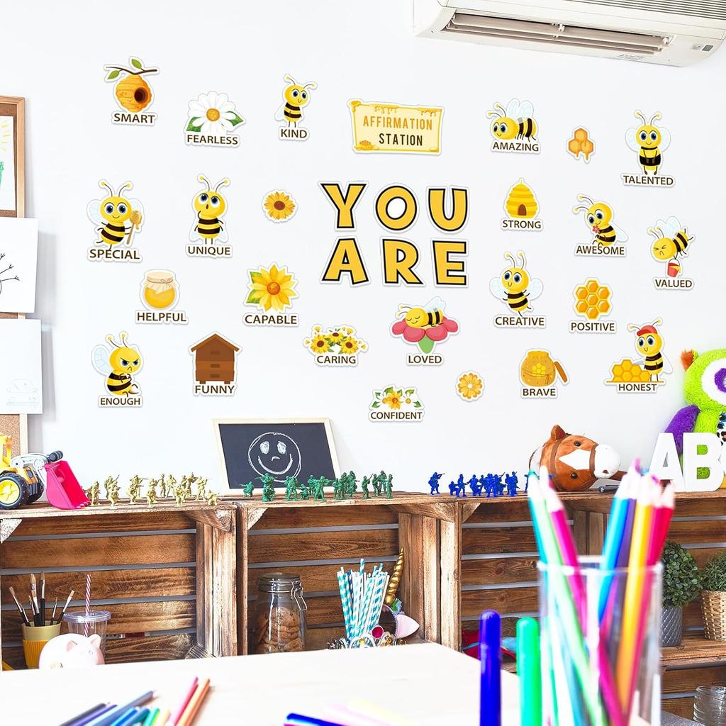 Bee Motivational Bulletin Board Decorations Positive Affirmation Posters Summer Sunflower Bee Hive Cutouts for Back to School Classroom Wall Decor