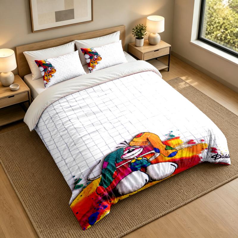 3-Piece Bed Sheet Set with Diddl Design, 1 Flat Sheet and 2 Pillowcases for Bedroom