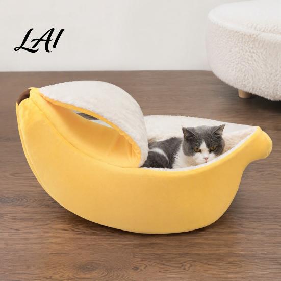Soft Pet Bed for Autumn Winter Banana Cat Bed Plush Cave with Lid Fleece Lined Cozy Cover Hideaway Warm Semi Enclosed Cats Small Dogs Cute Shape