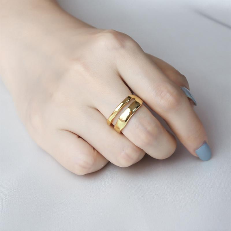 ANENJERY Charming Irregular High Polish Wave Rings Gold Open Rings Jewelry For Women Party Gifts S-R513