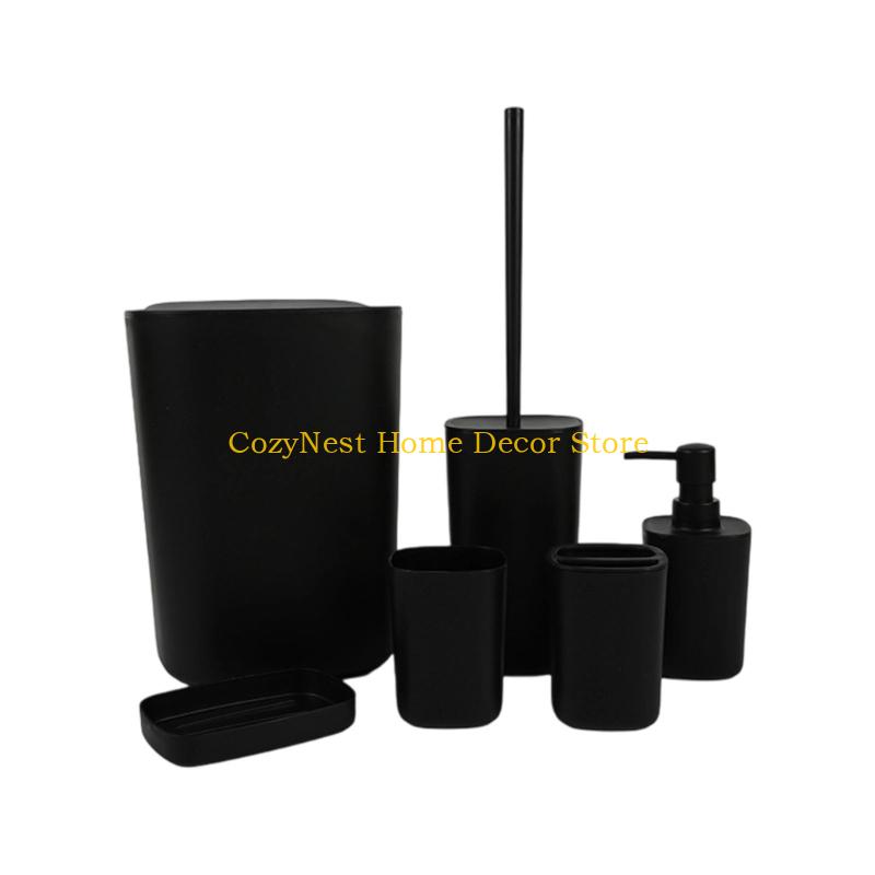 92MF Plastic Bathroom Accessories Set 6pc Hygienic Toothbrush Cup Wastebasket Planner Space Saving Plan