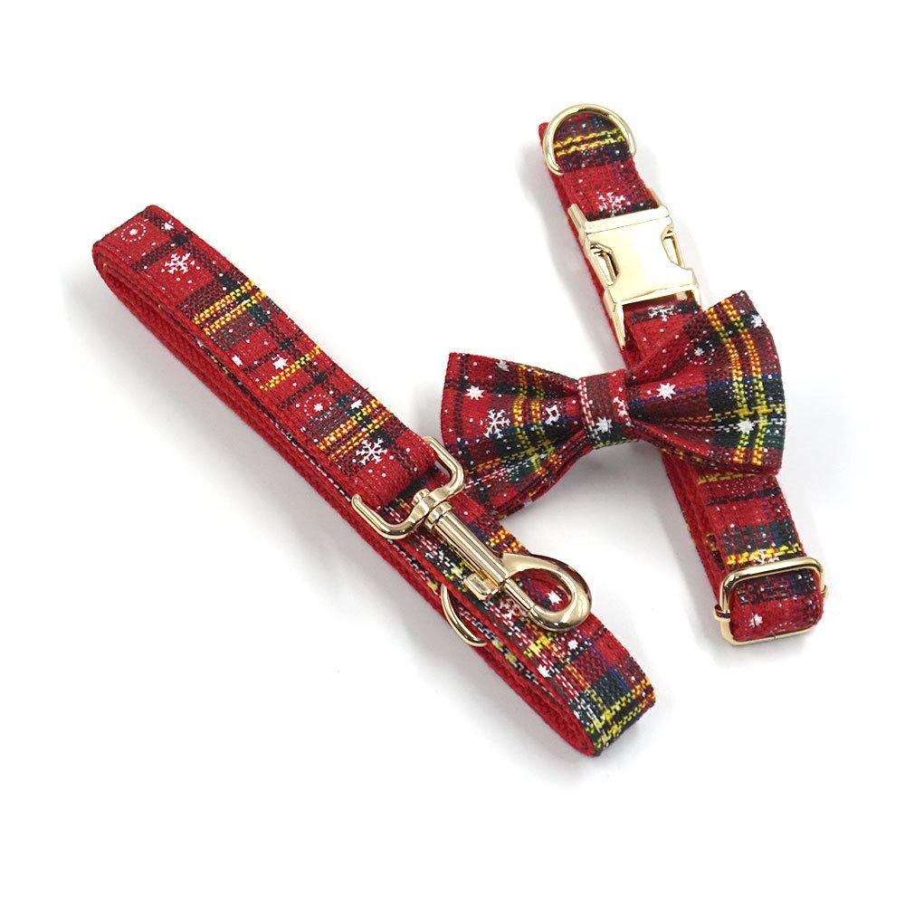 Red Christmas Pet Collar & Leash Set with Bow and Poop Bag Holder
