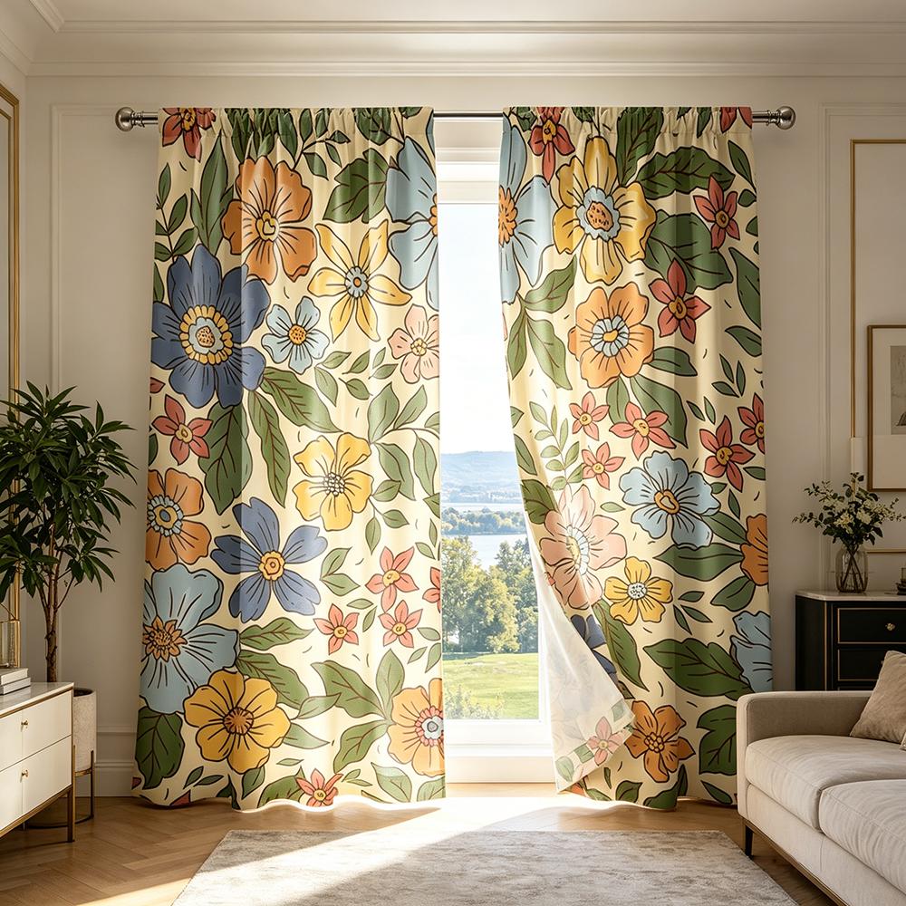 2PCS Colorful Flower Green Leaf Curtains