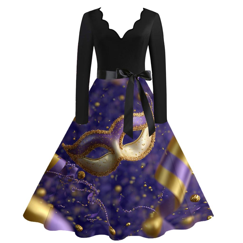 Robe Vintage Décontractée Mode Femme Col V Imprimé Carnaval