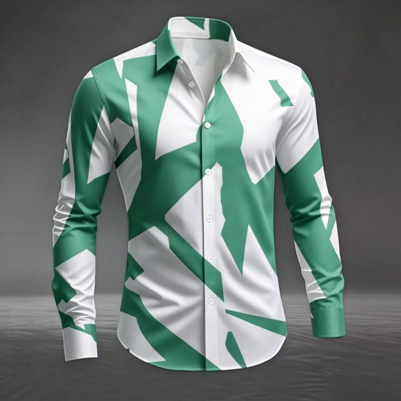 Men's Artistic Geometric Abstract Print Long Sleeve Dress Shirt Smooth Breathable Fabric Slim Fit Formal Business Casual Social