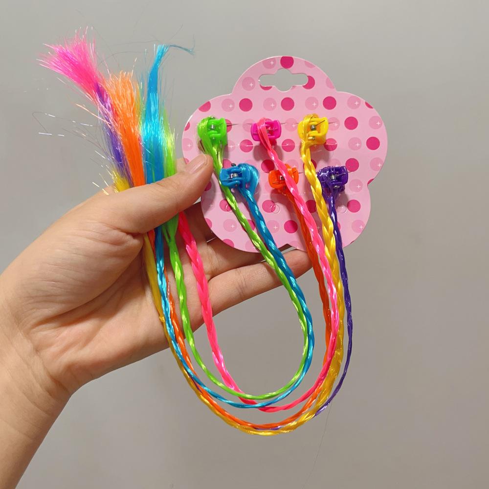 6Pcs/Set Colorful Rainbow Braided Hair Extensions with Clips Girls Ponytail Hairpieces Kids Hair Accessories