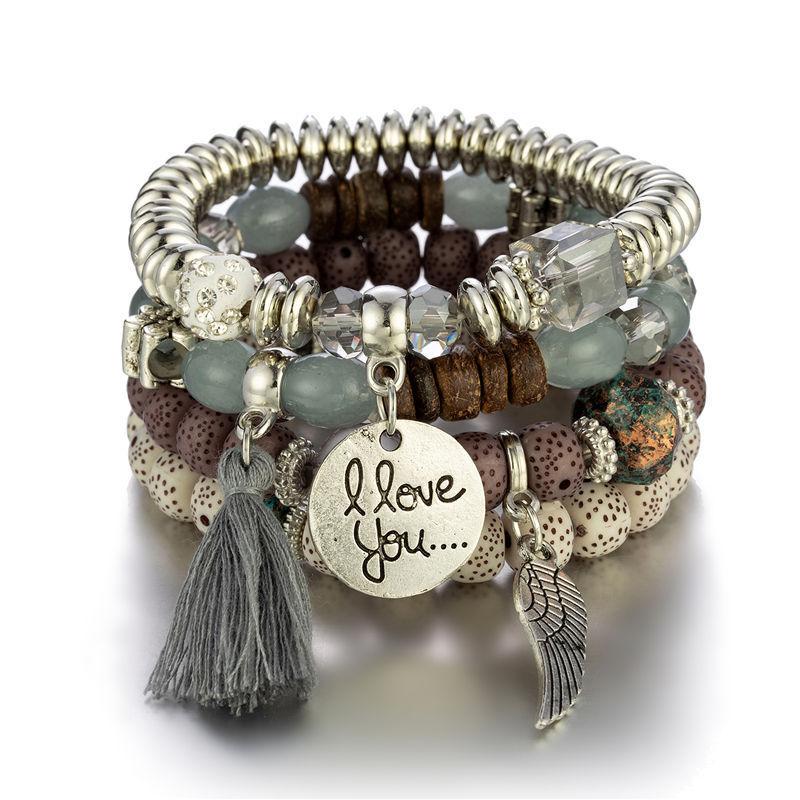 4PCS Bohemian Multi-Strand Beaded Bracelet Set with Fringe Tassel & Wing "I Love You" Charm - Women's Layered Jewelry Gift for Summer Fashion
