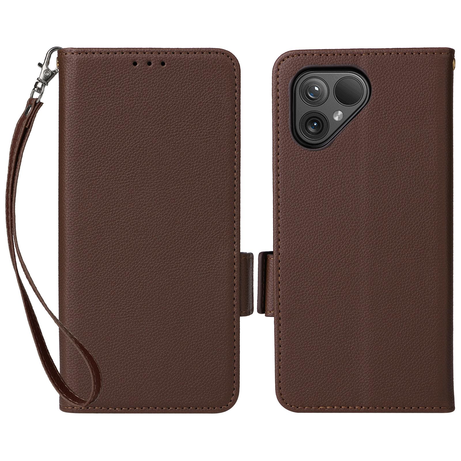 

For Fairphone 5 Case Litchi Texture PU Leather Phone Cover with Strap Brown