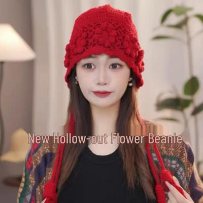 Face-Slimming Hand-Crocheted 3D Flower Knit Beanie, Women's Autumn/Winter Tassel Wool Hat
