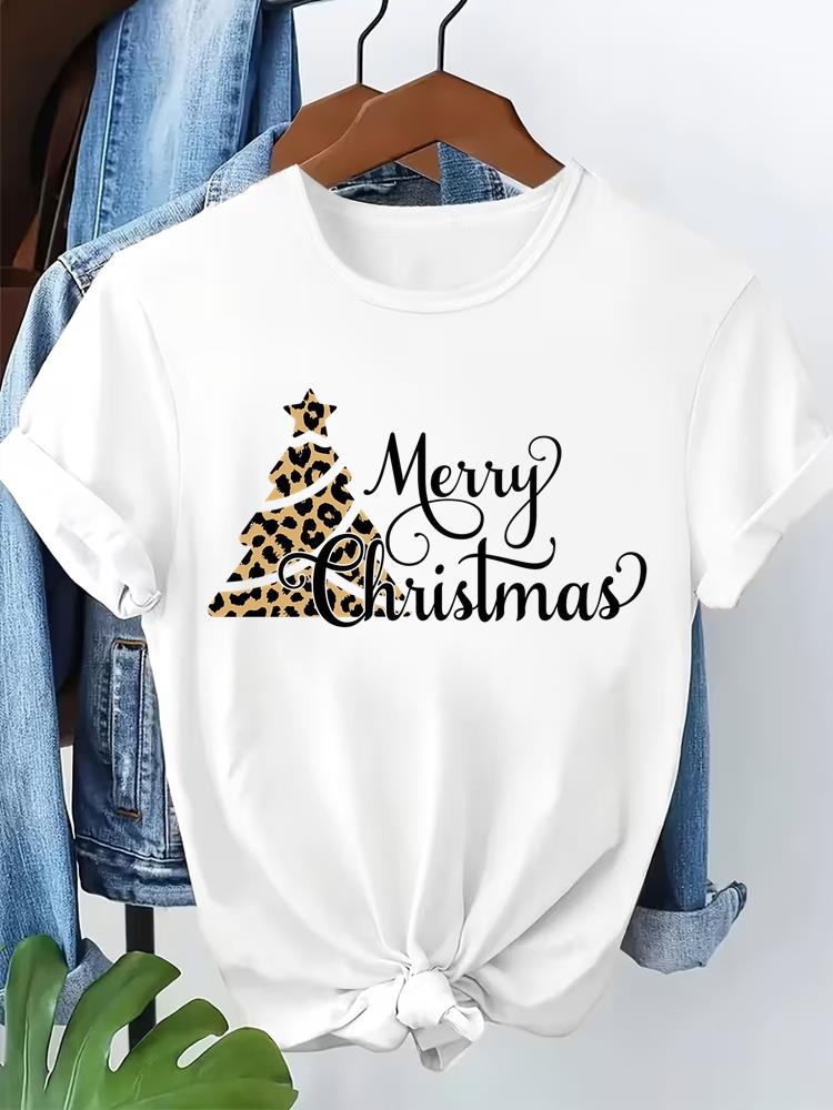 (Asian Size) letter style  Short Sleeve T-shirts  Merry Christmas Women's Top O-neck T Shirt Print  Fashion Casual New Year Clothing Graphic Tee