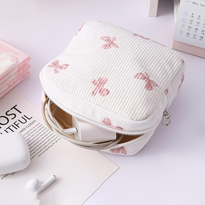 Multi-purpose Mini Bag,Corduroy Quilted Key/Coin Pouch & Sanitary Storage,Floral Bear Pattern,Portable Organizer for Small Items