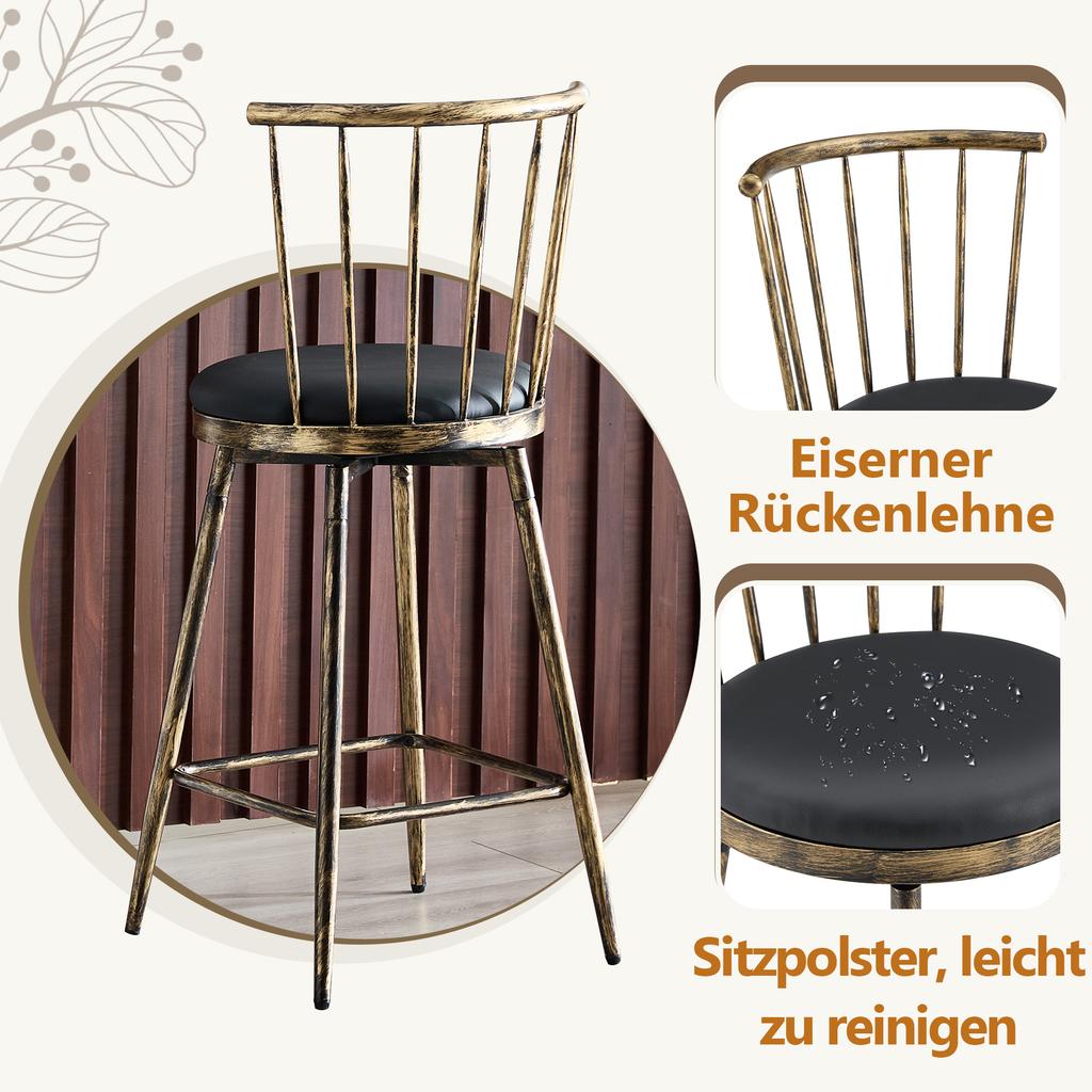 Modern Metal Bar Stool in Windsor Style with Upholstered Seat for Kitchen Islands, Bars, Restaurants; Bar Height; Vintage and Minimalist Style