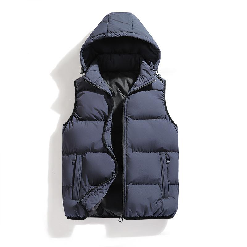 Hooded Vest Men Casual Waistcoat Sleeveless Padded Jacket Couples Detachable Hat Zipper Pockets Down Jackets Men Outwear