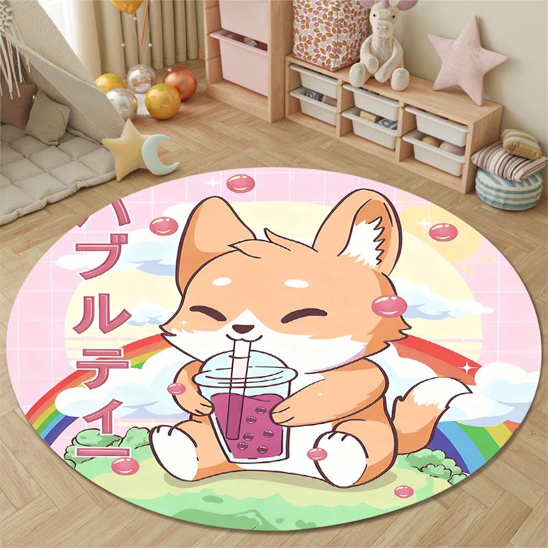 Vintage Round Rainbow Multicolor Carpet, Non-Slip Floor Mat for Family Room