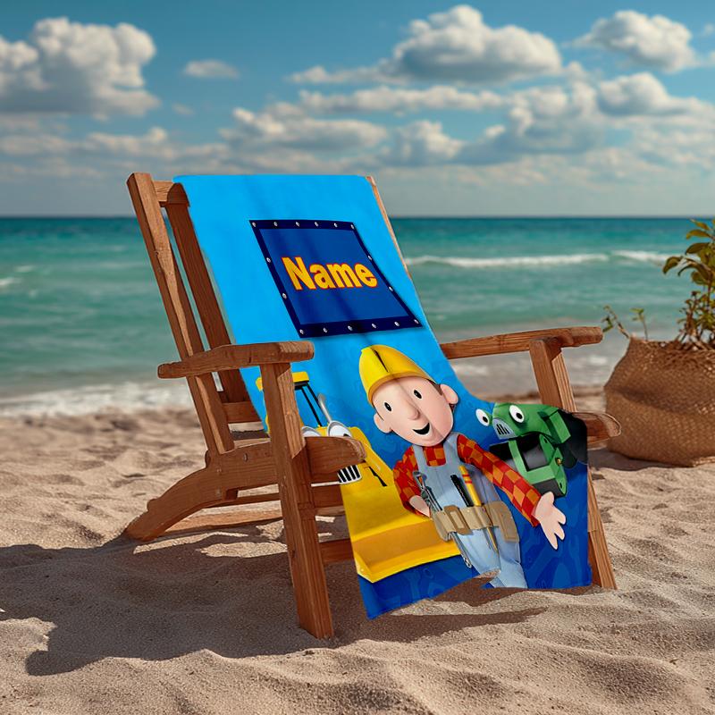 Personalisierbares, ultraweiches Strandtuch mit Bob der Baumeister-Thema, Ideal für Pool - Camping, Tauchen - Perfekter Reisebegleiter, Lebendiges Strandtuch.