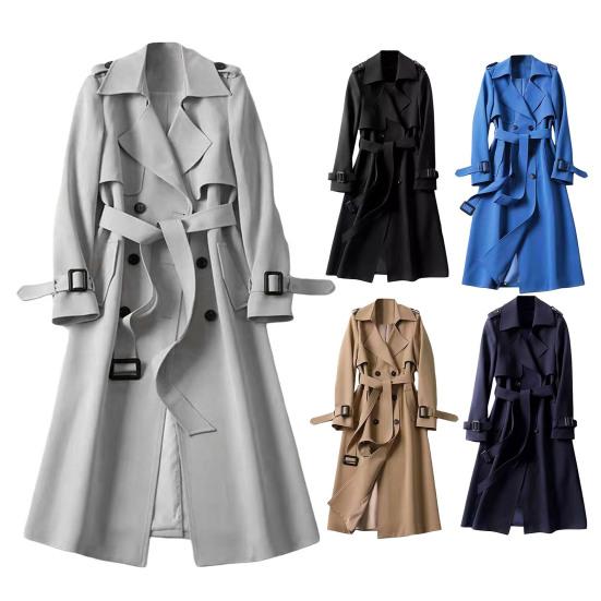 Women Windbreaker Turn-down Collar Loose Pure Color Coat Double-breasted Long Sleeves Belt Decor Overcoat Mid Length with Pockets Windproof Lady
