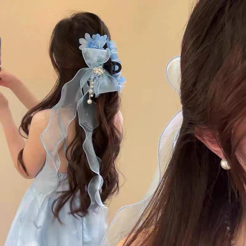 Blue Flower Bow Headband Clip Sweet and Luxurious Feeling Back of The Head Hair Bun Shark Clip Dreamy Hair Accessory