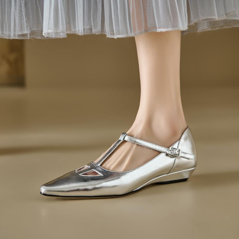 Fashion 2025 New Spring Women Pumps Shoes for Women Pointed Toe Wedges Mary Janes Women Shoes Golden Ladies Shoes Sliver