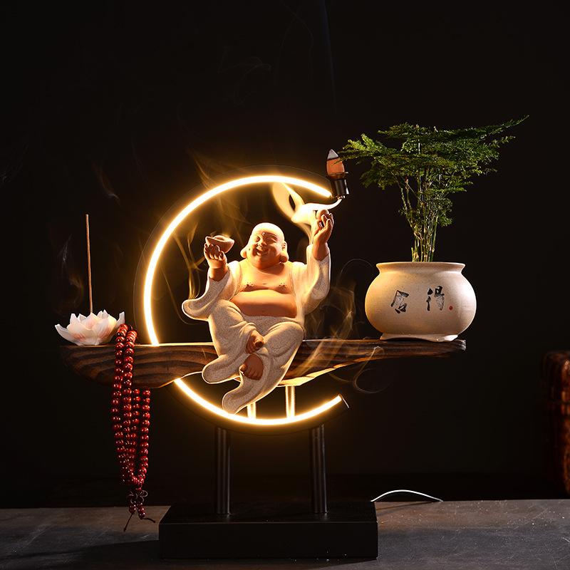 Wealth-attracting Maitreya Buddha Figurehead Ceramic Smiling Buddha Creative Lighting New Chinese-style Zen-style Living Room En