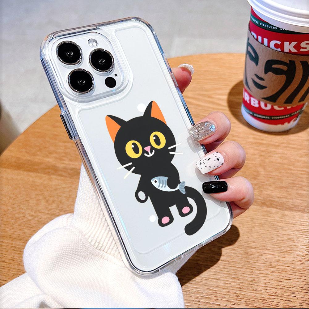 Cute Black Cat Holding Fish Transparent Soft TPU Phone Case for Xiaomi Redmi Note 15 14 13 12 11 10 9 Pro Plus 4G 5G Soft Cover