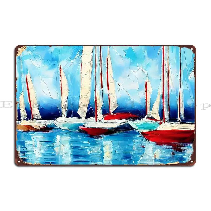 Modern Original Sailboats And Harbor Landscape Art Large Sailboat Abstract Art Nautical Art Viewgraphics Metal Plaque Poster