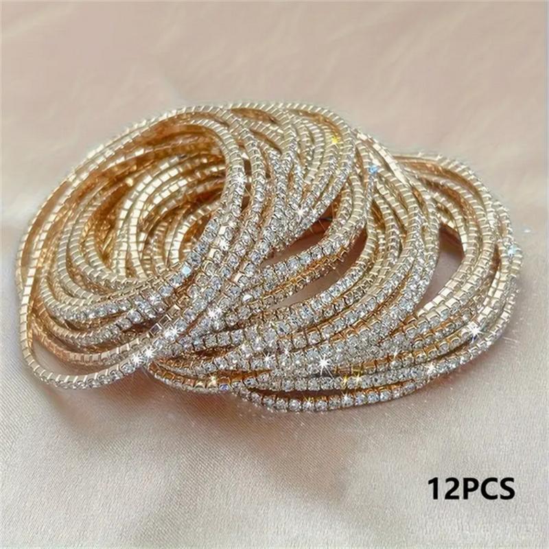 Charm 12pcs Set for Valentine's Day Gift with Perfect Iron Material Parties Versatile Elastic Bangle Elegant Simple Style Rhinestone Tennis Bracelets