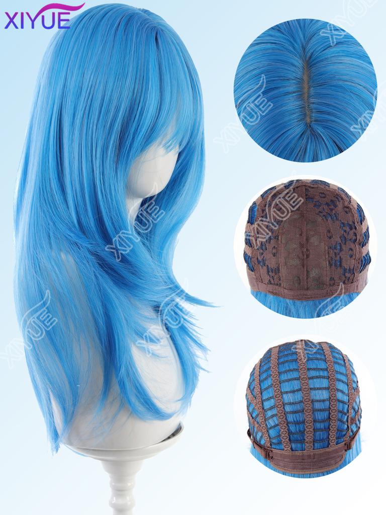 XIYUE Synthetic Long Straight High Level Wig Light Blue with Cosplay Wig with Bangs for Women Natural Hair Heat Resistant Fiber