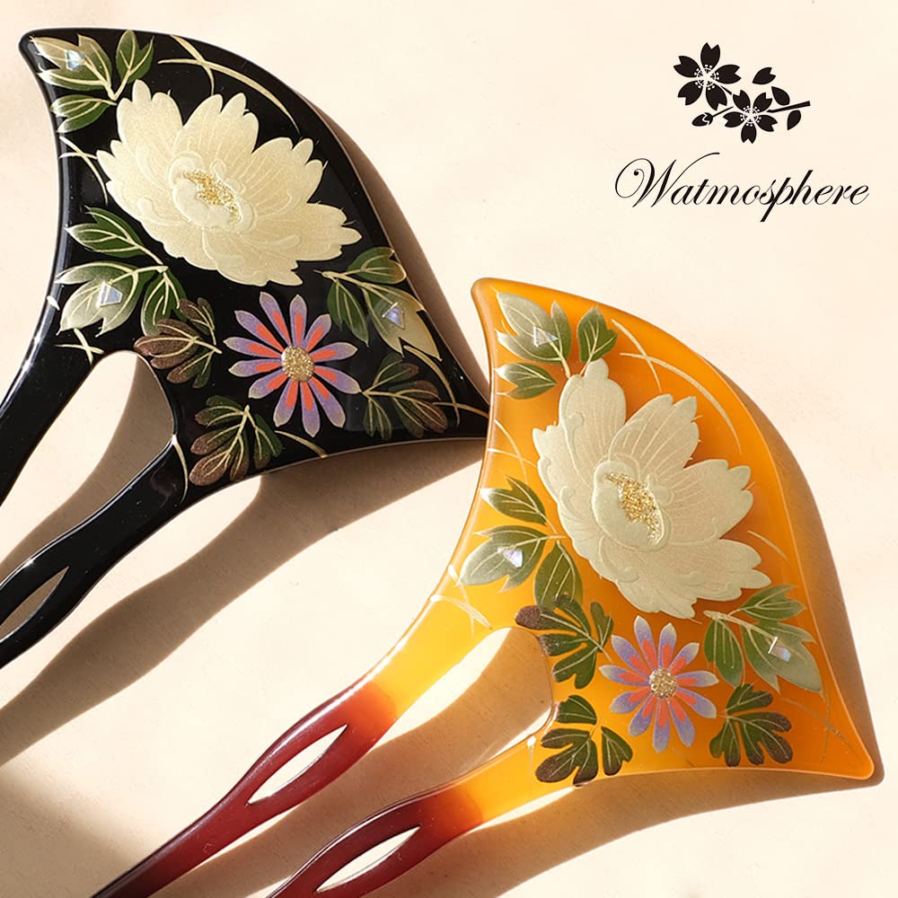 Watmosphere Kanzashi Kimono Haarschmuck, hergestellt für formelle Anlässe und den Einzug, Modell 20w510X01Y01, Haarnadel, Maki-e Accessoire, Japan, zweiteiliges Set, zum Tragen, Tomesode