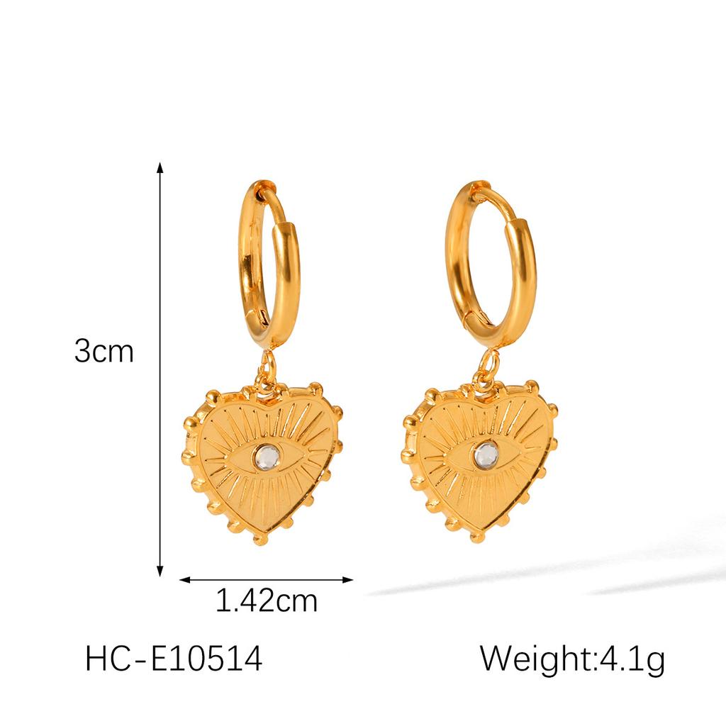 Stainless steel zircon heart pendant earrings, Ins style unique evil eye titanium steel studs