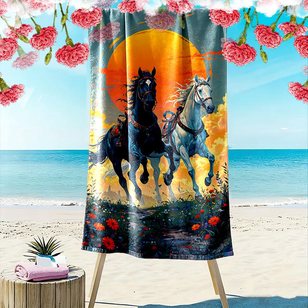 Galloping under golden skies Print beach towel, quick drying, suitable for travel, outdoor sports, jogging, the beach and swimming, gift