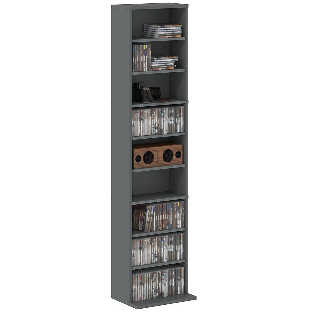CD/DVD Storage Unit, 9 Compartments, 6 Adjustable Shelves, 260 CDs/120 DVDs, 33 x 24 x 140 cm, Grey