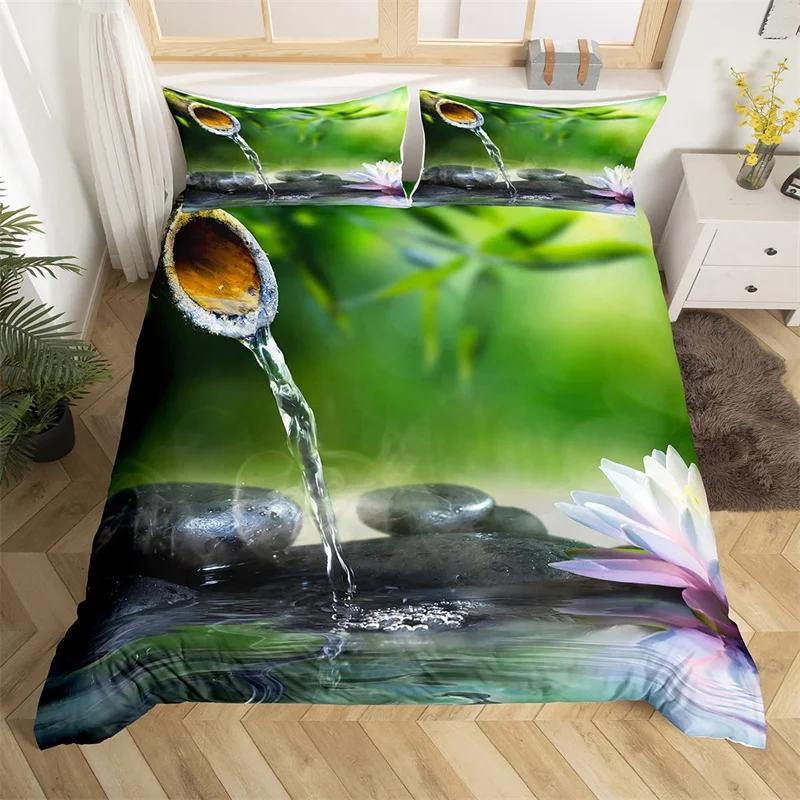 Zen Stones King Duvet Cover Sandy Beach Bedding Set Microfiber Purple Phalaenopsis Comforter Cover Meditation Bedspread Cover